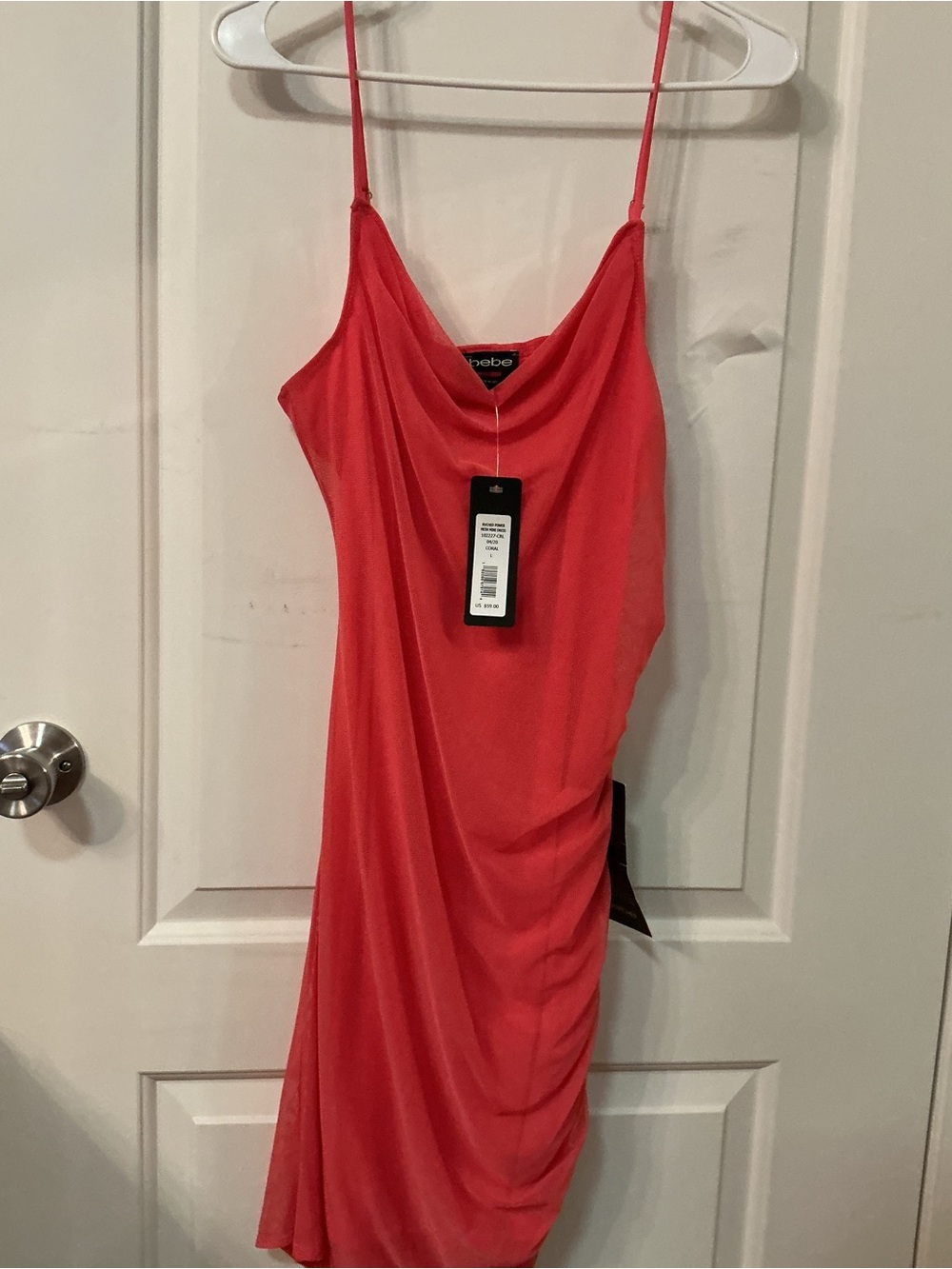bebe Coral-Red Slip Dress with Cowl Neck